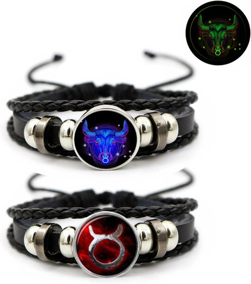 2Pcs Multilayer Constellation Zodiac Leather Bracelet Vintage Black Leather Bracelet Adjustable Handmade Woven Bracelet Birthday Trendy Jewelry fo...