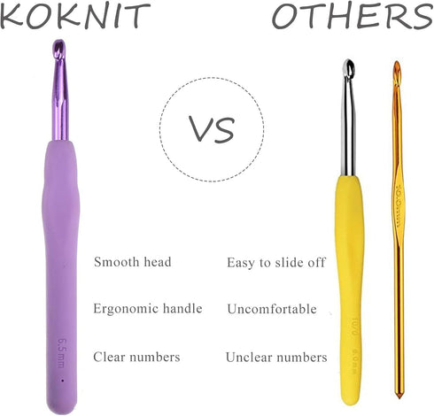 KOKNIT 12 PCS Crochet Hooks, Ergonomic Handle Crochet Hooks Set for Arthritic Hands, Comfortable Smooth Crochet Needles Extra Long Knitting Needle...