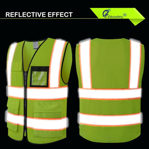 Reflective Mesh Safety Vest for Men Women with 8 Pockets and Zipper Front High Visibility Mesh Vest Hi Vis Construction Work Vest,Meets ANSI/ISEA ...