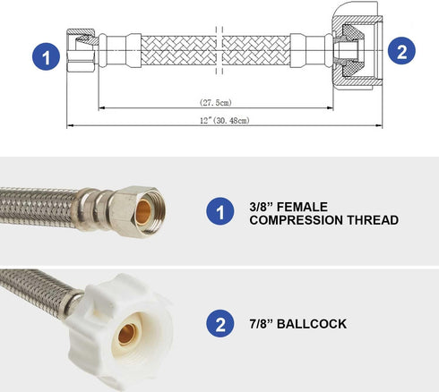 Toilet Connector, Toilet Water Supply Line Kit With 1/4 turn 1/2 inch Angle Push Fit Stop & 12" Stainless Steel Flexible Toilet Supply Line...