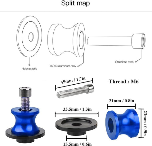 2pcs 6MM M6 X1.5 Motorcycle Swing arm Sliders Stand Spools fits for YZF R1 R3 R6 R7 R125 R25 R1000 (Blue)...