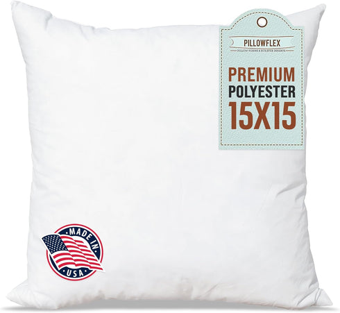 Pillowflex Premium Polyester Throw Pillow Insert - 15x15 - Ultra Soft Small Square Throw Pillow, Couch Sham, Lumbar, Back, Sofa - Machine Washable...