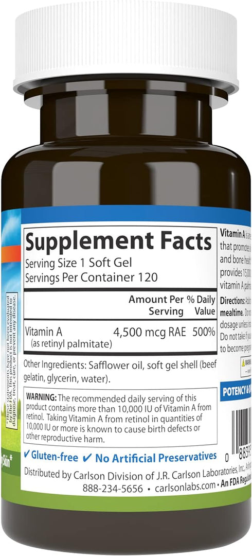 Carlson - Vitamin A, 15000 IU Palmitate (4500 mcg RAE), Vision Health, Healthy Skin, 120 Softgels...