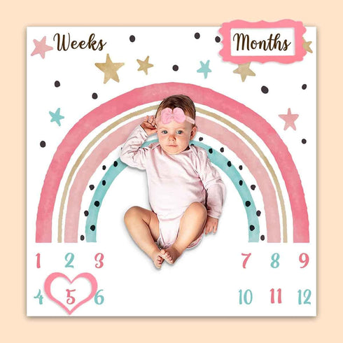 Colorful Rainbow Baby Monthly Milestone Blanket, Girl Crown Star Pattern, Newborns 1 to 12 Months Unisex Include 4 Frames and 1 Headband 47"x47" B...