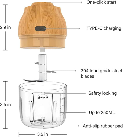 Electric Garlic, Fruit, and Vegetable Mini Food Chopper: Compact Wireless Processor Ideal for Ginger, Chili, Meat, and More, 250ML, Wood...