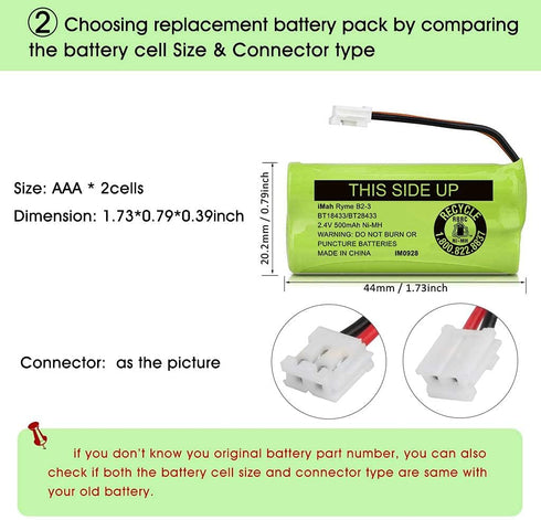 iMah BT18433/BT28433 2.4V 500mAh Ni-MH Cordless Phone Battery Pack, Also Compatible with VTech AT&T Telephone Batteries BT184342/BT284342 BT8300 B...