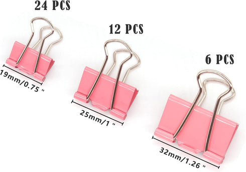 Pink Binder Clips Paper Clamps, Assorted Sizes Set (Small, Medium, Large) for Office School and Home Supplies...
