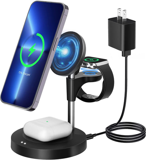3 in 1 Wireless Charging Station (2023 Newest), Fast Mag-Safe Charger Stand with QC2.0 3.0 Adapter Compatible with iPhone 14,13,12 Pro Max/Pro/Min...
