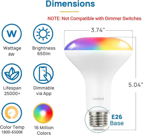 Linkind Matter Smart RGBTW Bulb, BR30 Smart Light Bulbs, LED Color Changing Light Bulbs, E26 Flood Light Bulbs 650LM 60W Recessed Smart Bulbs work...