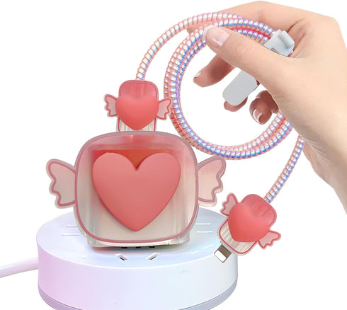 Wings Cable Protector for Apple Charger with Cute 3D Pink Love Heart Design, Data Line USB Charger Cover Wire Cord Saver DIY Charger Protector Com...