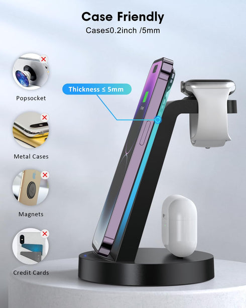 3 in 1 Charging Station for Apple Device, Wireless Charger for iPhone 15 14 13 12 11 Pro Max & Apple Watch iwacth - Charging Stand Dock for AirPod...