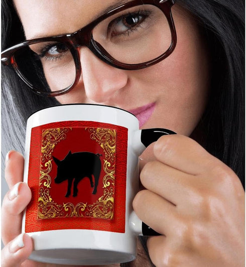 3dRose Zodiac Pig Chinese New Year Red, Gold Two Tone Mug, 11 oz, Black/White...