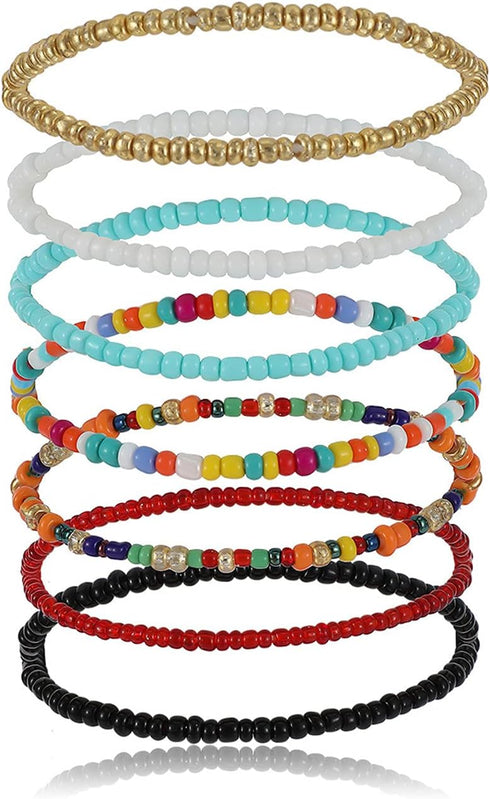 Caiyao 7Pcs Bohemian Layered Handmade Beads Chain Anklets Bracelet Set Colorful Boho Strenthy Elastic Stacking Ankle Foot Hand Jewelry for Women G...