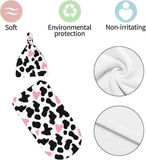 Cow Print Baby Stuff Pink Baby Newborn Swaddling Blanket with Beanie Hat Set, Baby Stuff Newborn Receiving Blanket for Baby Boy Girl Swaddles Wrap...