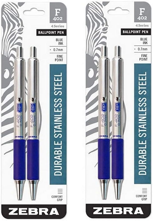 (2) Zebra F-402 Ballpoint Stainless Steel Retractable Pen, Fine Point, 0.7mm, Blue Ink, 2-Count (29222)...