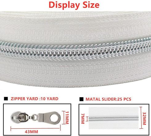 MebuZip #5 Silver Metallic Nylon Coil Zippers by The Yard Bulk Coil Zipper Roll 10 Yards with 25pcs Pulls for DIY Sewing Craft Bags (White)...