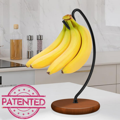 Banana Holder Stand - Newest Patented Modern Banana Hanger with Wood Base Stainless Steel Banana Tree Hook Rack for Kitchen Countertop (Black Brow...