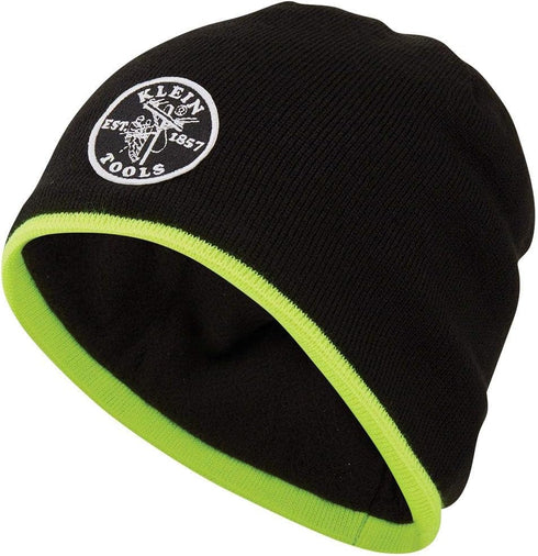 Klein Tools 60391 Knit Beanie, Thermal Fleece Winter Hat, Windproof, Fits under Helmets, Black with High-Visibility Yellow Band Trim...