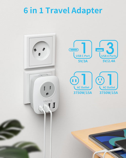 Israel Power Adapter, VINTAR Israel Plug Adapter with 1 USB C,3 USB Ports and 2 American Outlets,6 in 1 Type H Travel Adapter for US to Israel, Je...