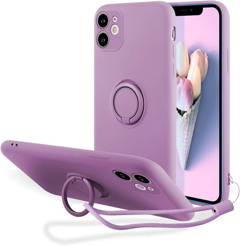 UEEBAI Case for iPhone 11 (6.1 inch), Slim Liquid Silicone Phone Case with 360 Rotatable Ring Holder Kickstand Fashion Hand Strap with Magnetic Ca...