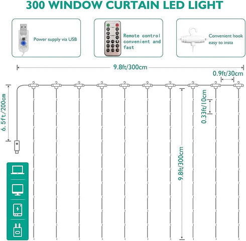 Curtain Lights 300 LED Twinkle Fairy Lights with Remote USB Powered for Wedding Christmas Backdrop for Bedroom Home Room Decor (White)...