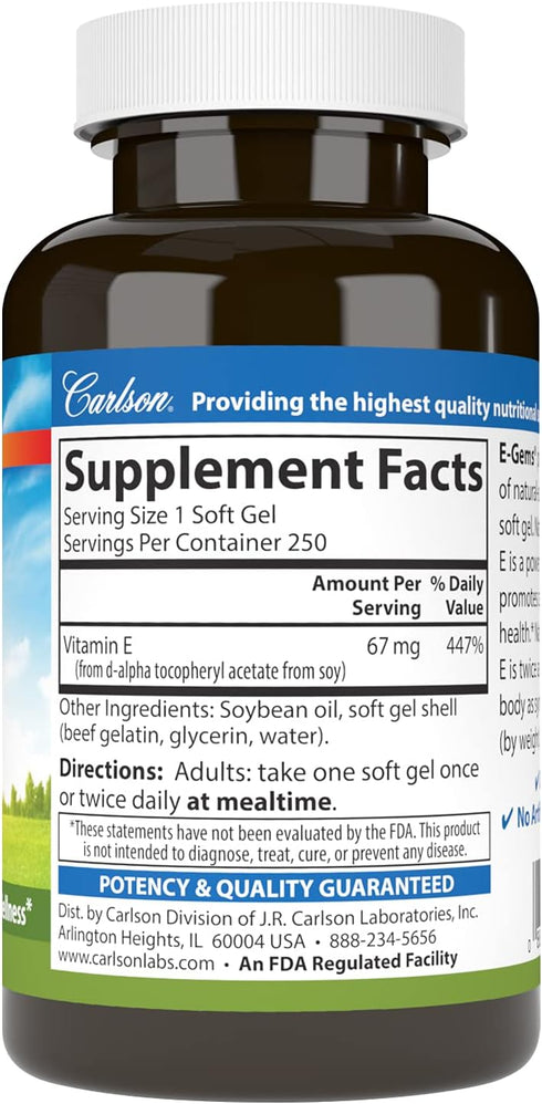 Carlson - E-Gems, 100 IU, Heart Health & Optimal Wellness, Antioxidant, 250 soft gels...