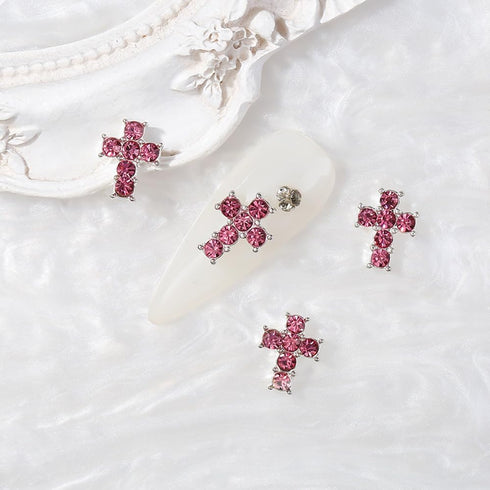 Crystal Cross Nail Charms - y2k Nail Crystal Cross Charms - Silver Crystal Cross Nail Art, 3D Pink Nail Cross Charms for DIY Designs Supplies...