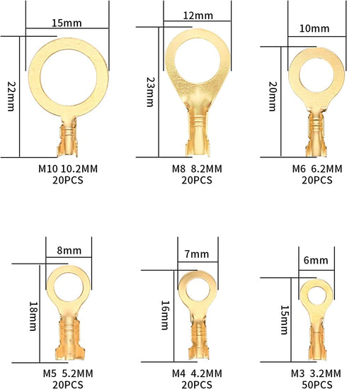 160 Pcs Copper Ring Terminals, M3/M4/M5/M6/M8/M10 Brass Wire Connectors, Open Barrel Wire Ring Cable Lugs Crimp Kit, Brass Copper Ring Crimp Cable...