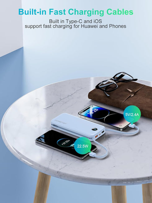 Portable Charger Built-in Cables and AC Wall Plug, USB C 12000mAh Slim Power Bank Fast Charging Battery Pack Lightweight Power Bank Travel Essenti...