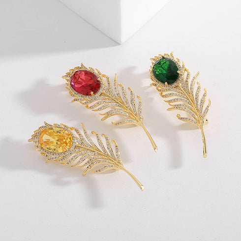 14K Gold Plated Feather Brooch Pin for Women Men With Simulated Emerald Cubic Zirconia Rhinestone Lapel Suit Badges Brooches Pins Fashion Delicate...