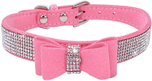 Rhinestones Bowknot Pet Dog Collar Adjustable Sparkly Crystal Studded Velvet Collar for Puppy Small Medium Large Pet,Pink,XS:(Neck 8-10.6")...
