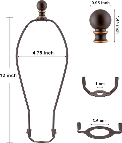 Bronze Lamp Shade Harp with Lamp Finials - 12 Inch, 2 Set Lamp Harp with 3/8 Standard Saddle, E26 Light Base UNO Fitter Adapter, Lamp Hardware for...