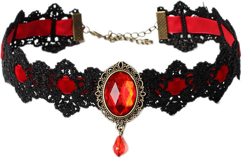Red Choker, Halloween Vampire Lace Choker Necklace for Women, Vintage Royal Court Gothic Jewelry for Halloween Costumes, Rhinestone Choker, N03C...