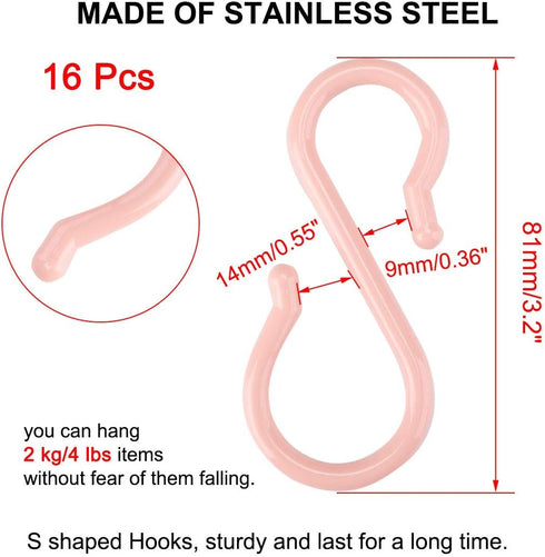 uxcell 16 Pack S Shaped Hooks Plastic Hanger for Kitchen Bathroom Closet Holder Pots and Pans Cups Utensils Coats Towels Hanging Pink...