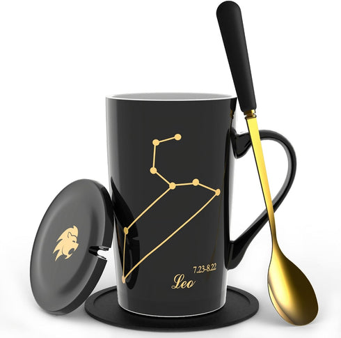 Leo Gifts for Women 15oz Ceramic Coffee Mug with Lid Spoon Coaster Astrology Mugs Upgrade Porcelain Tea Cup Leo Birthday Gifts (Black-Gold)...