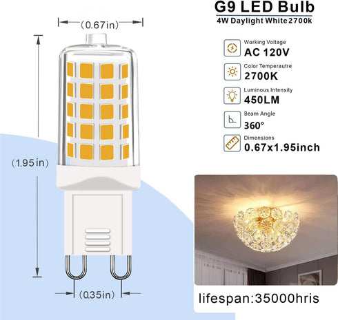 G9 LED Bulbs - 40W Equivalent, T4 Chandelier Light, 2700K Warm White 450lm, Non-Dimmable Bi-Pin G9 Base, 4W LED, 360° Beam Angle, 5-Pack...