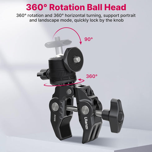 ULANZI R099 Super Clamp Camera Mount Clamp with 360° Ballhead, Bike/Bicycle/Motorcycle Handlebar Mount for Insta360/GoPro/AKASO/DJI Osmo Action Ca...