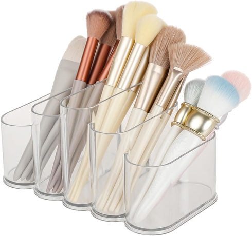 Yesesion Plastic Makeup Brush Holder for Desk, Clear Cosmetics Brushes Organizer with 5 Compartment, Storage Cup for Eyeliners, Facial Painting Ki...