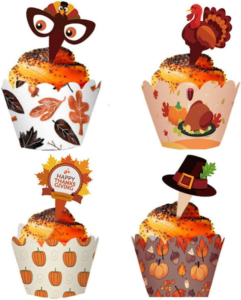 48 Pieces Thanksgiving Cupcake Toppers Cupcake Wrappers Kit for Thanksgiving Day Autumn Cake Decoration...