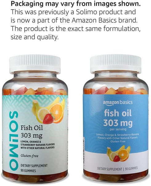 Amazon Basics Fish Oil 303 mg, Lemon, Orange & Strawberry-Banana flavors, 90 Gummies (2 per Serving), EPA and DHA Omega-3 fatty acids (Previously ...