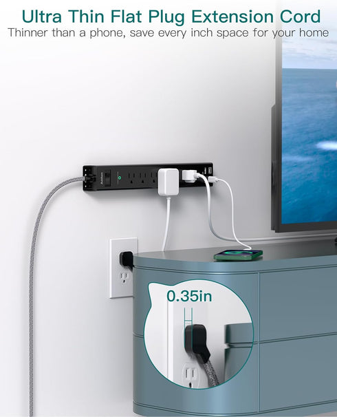 Surge Protector Power Strip - Extension Cord with 6 AC Outlets 4 USB (2 USB-C Ports), Flat Plug with Overload Surge Protection, Wall Mount, 5ft, O...