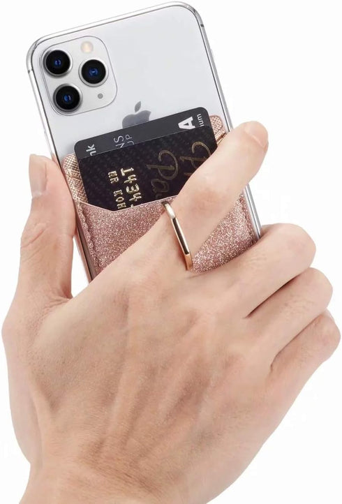 Card Holder Sleeve with Kickstand Ring for Women, 2 Pieces RFID Credit Wallet Glitter Stick On Back Grip for iPhone Samsung Smartphone - Pink + Go...