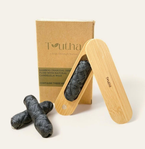 Vegan Biodegradable Bamboo Charcoal Dental Floss with Refillable Bamboo Container | Free Refill | Natural Candelilla Wax | 33yds x3 (30m x3) | Unf...