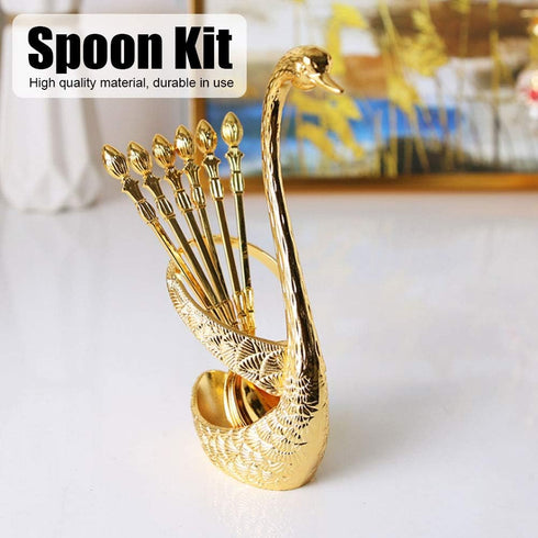 Coffee Spoon Set, 6pcs Stainless Steel Mini Dessert Teaspoons Flatware Creative Espresso Tableware with Swan Base Holder Organizer Household Decor...