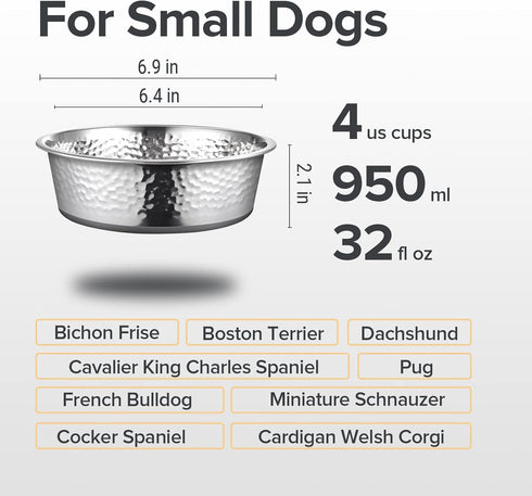 2 Pack Hammered Stainless Steel Dog Bowls, Premium Metal Dog Bowls with Non Slip Rubber Bottom, Dishwasher Safe, Easy to Clean, 4 Cup, Gray Bottom...