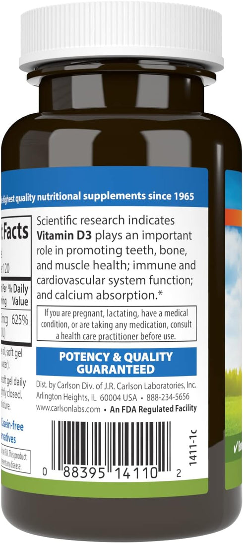 Carlson - Vitamin D3 5000 IU (125 mcg), Bone Health, Muscle Health, Cholecalciferol, Vitamin D Supplements, Vitamin D3 Soft Gels, 120 Softgels...