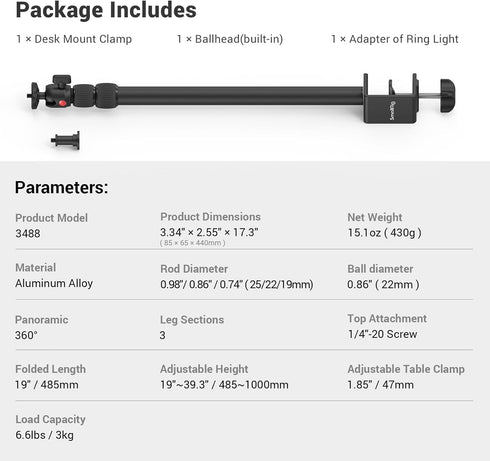 SmallRig Camera Desk Mount Table Stand, Adjustable Light Stand 15"-35", Tabletop C Clamp for DSLR Camera, Ring Light, Live Streaming, Photo Video ...