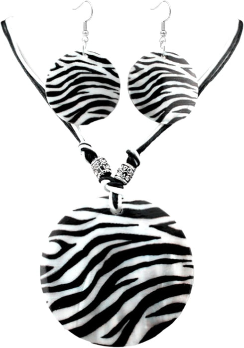 Zebra Stripes Shell Jewelry Set - Black and White Stripe Round Pendant Necklace and Earrings for Women Statement Stylish Jewelry...