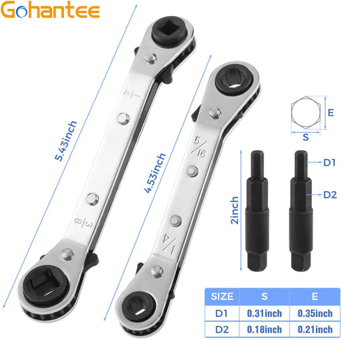 gohantee Hvac Service Wrench Tools Air Conditioner Valve Ratchet Wrench 3/16” to 3/8” 5/16'' x 1/4'' with 2 Hexagon Bit Adapter Kit for Air Refrig...
