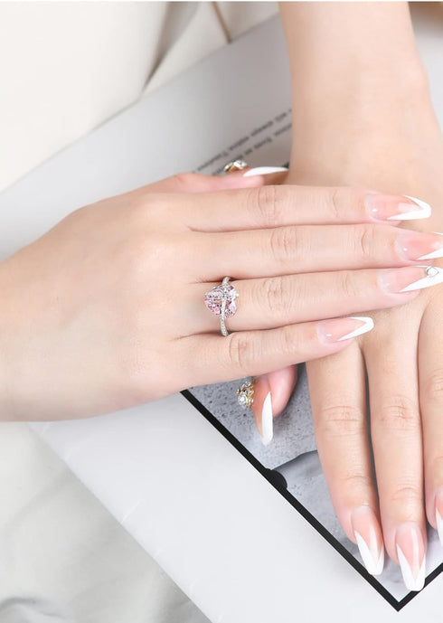 Dainty Cute 925 Silver Pink Heart Shaped Zircon Ring Bow Tie Ring for Women Anniversary Wedding Engagement Ring Promise Rings CZ Diamond Eternity ...